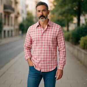 Egara Men’s XXL Button Down Shirt Pink White Gingham Check Long Sleeve Casual